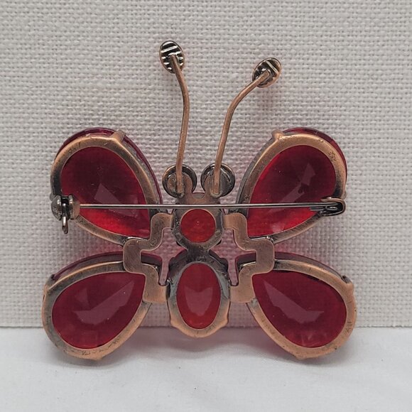 Vtg Red Acrylic Rhinestone Butterfly Brooch Pin Brass Tone Secure Clasp 2.5" - Picture 2 of 6